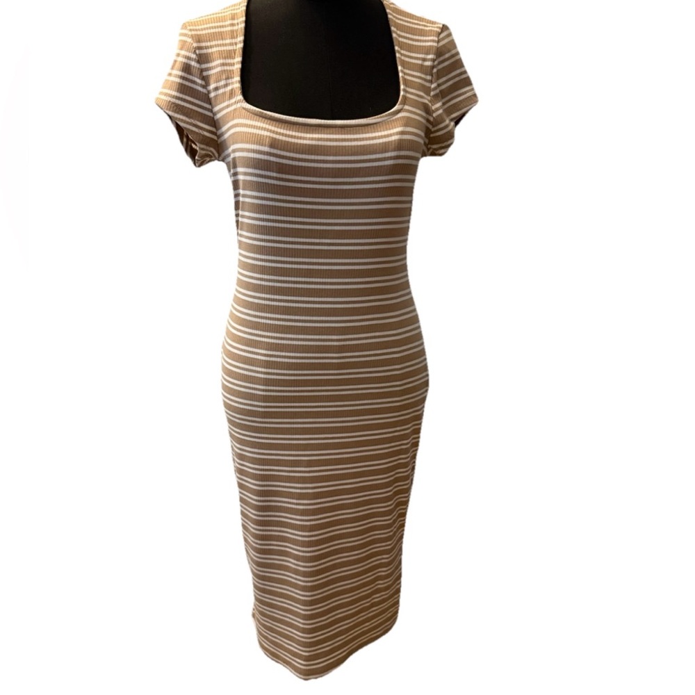 Derek Heart Women's Tan & White Striped Maxi Dress, NWOT, Size Large